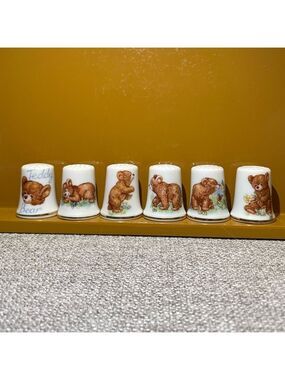 Vintage 6PC Collectible Bear-Themed Bone China Thimbles